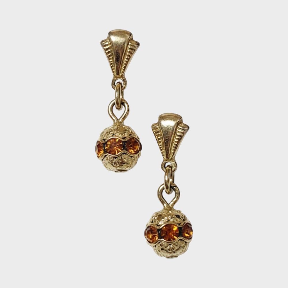 Vintage Amber Glass Pierced Earrings Dangle Dainty Gold-tone 1/2" gp-